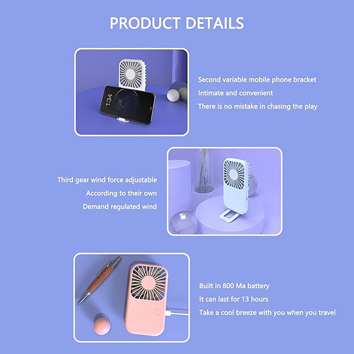 Portable Desk Fan With Phone Stand USB Charging 4