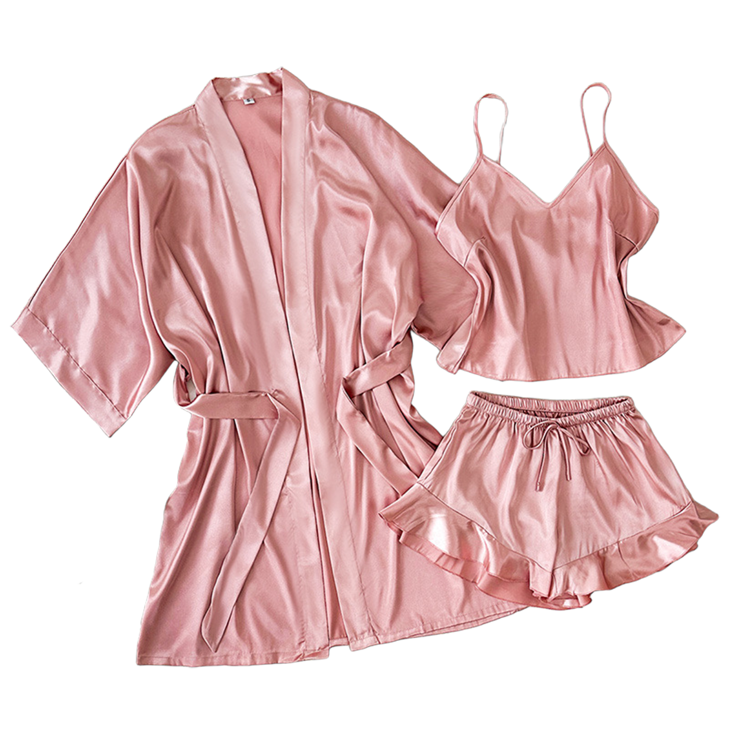 3 Piece Women Solid Color Sexy Silk Pajamas Set 3