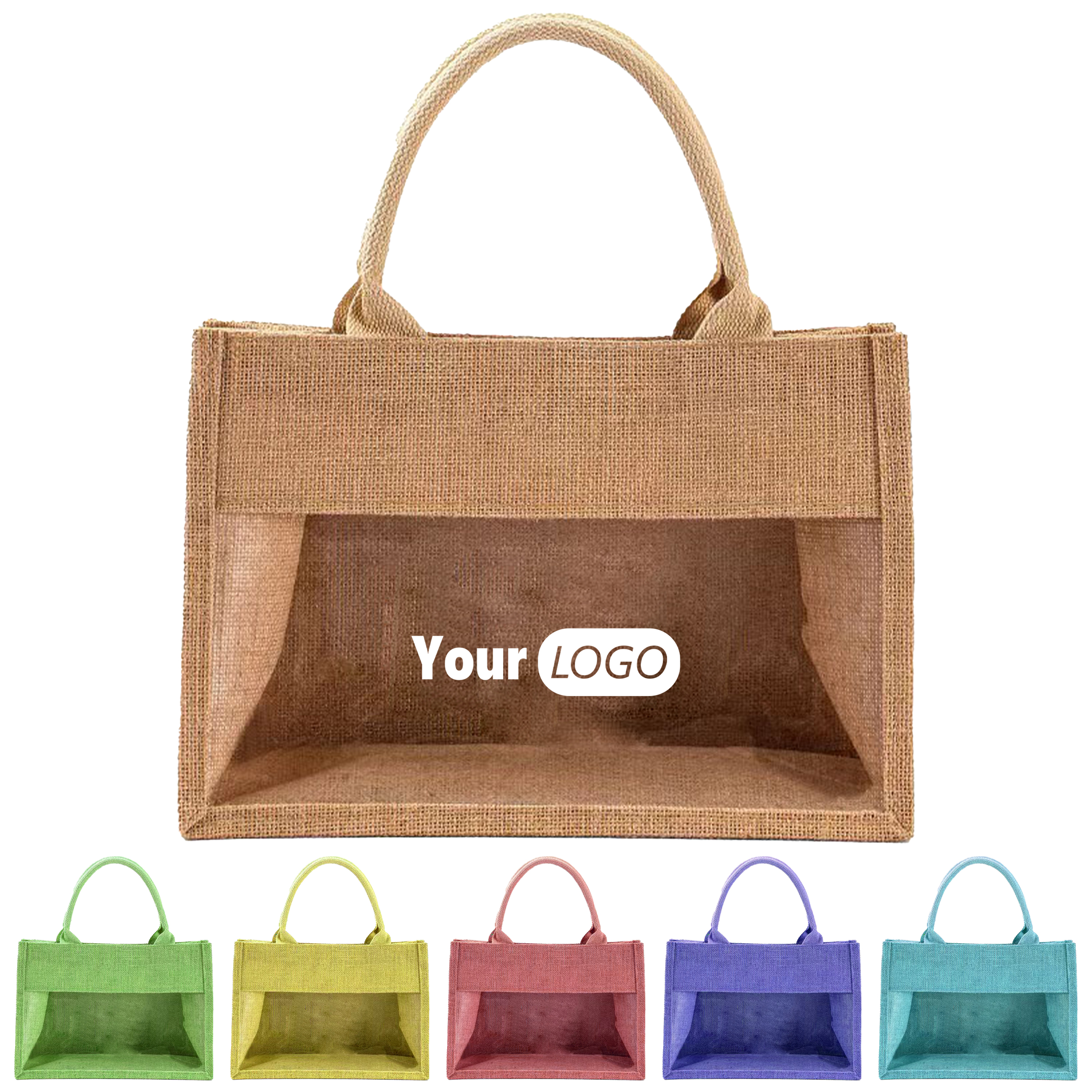 Jute Tote With Clear View Panel, custom tote bag with logo imprint 2