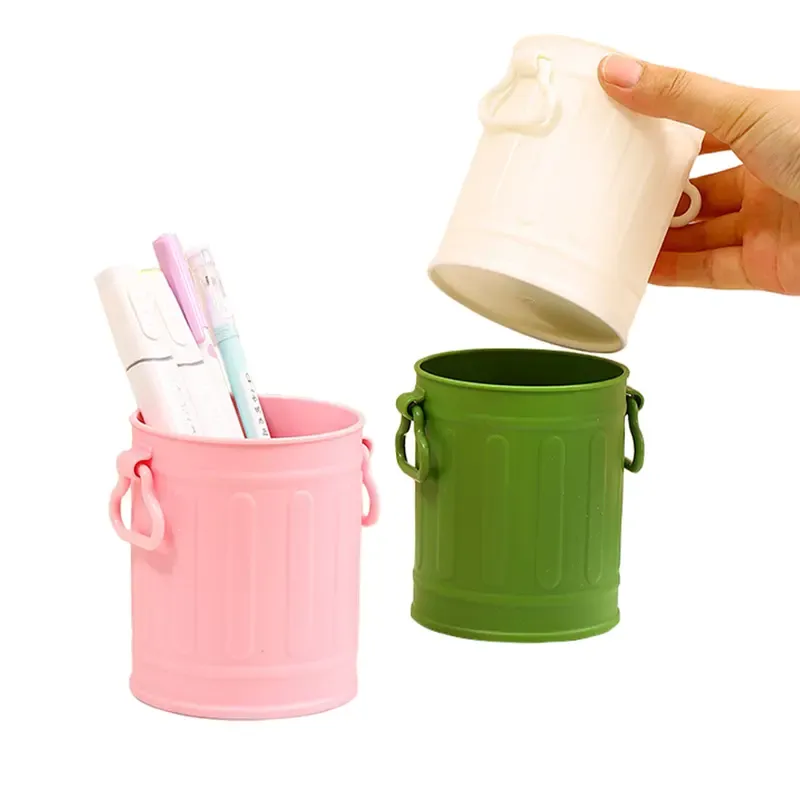 Retro Iron Bucket Shaped Hangable Pen Holder Desk Organizer 4