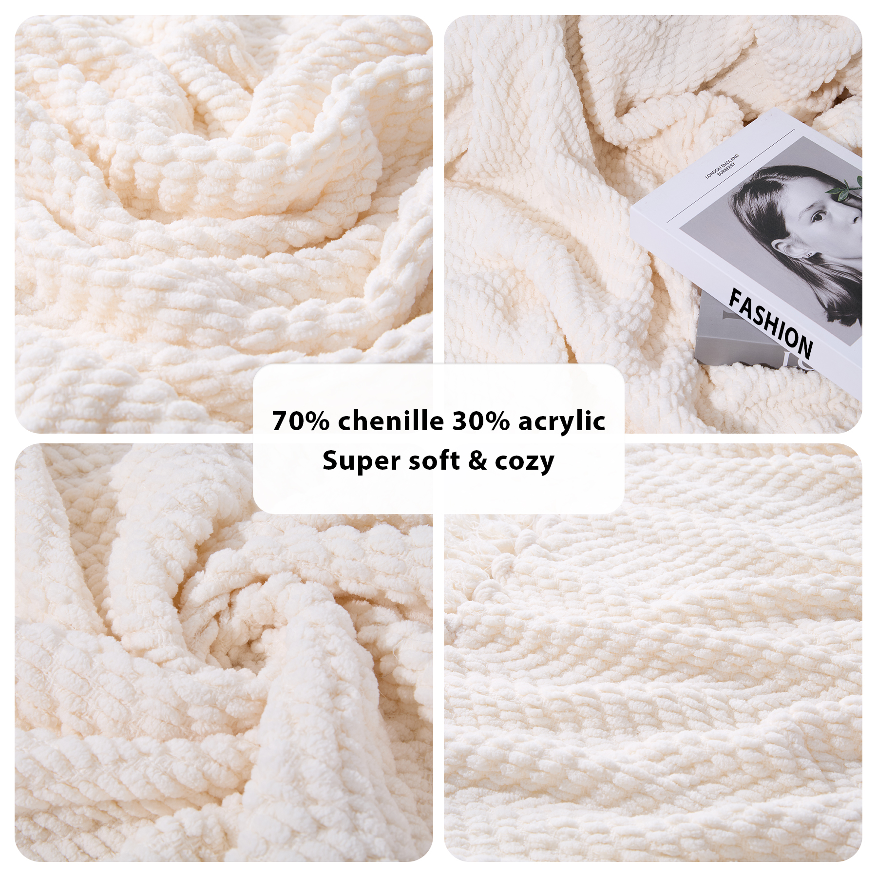 Chenille Knitted Throw Blanket With Fringe Accents 3