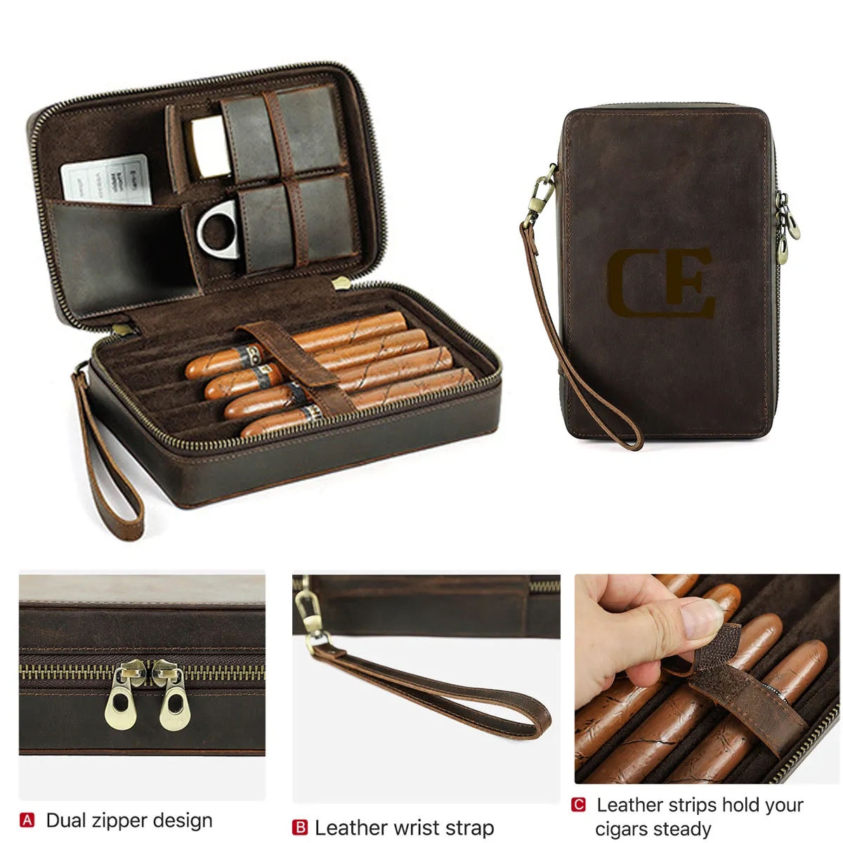 4-cigar Vintage Genuine Leather Cigar Case 3