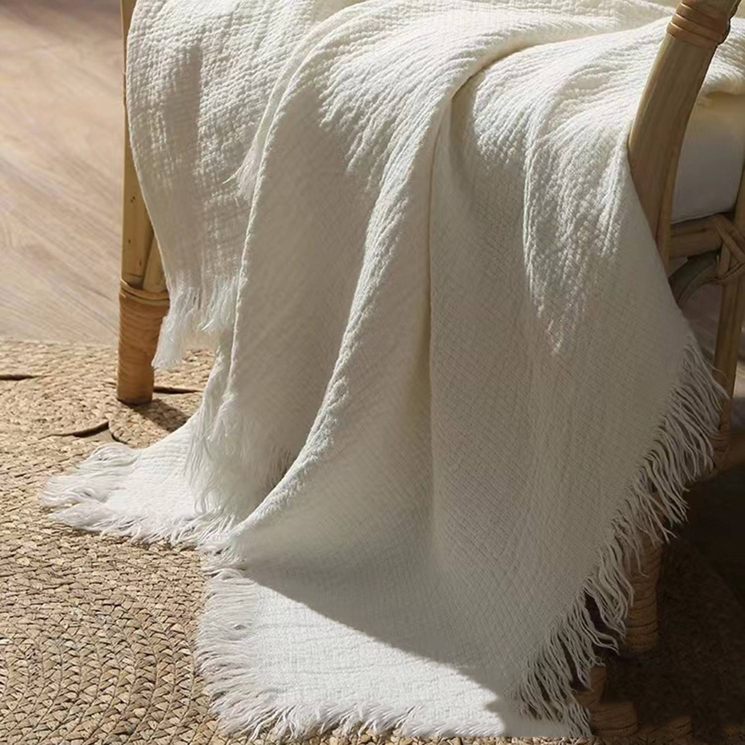 Soft Breathable Lightweight Yarn Linen Blanket with Fringe 3