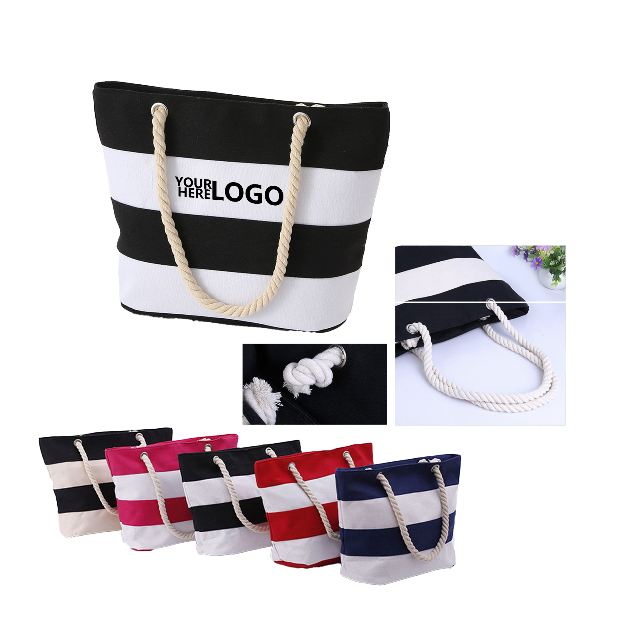Hemp Stripe Accented Canvas Tote, custom tote bag with logo imprint 3