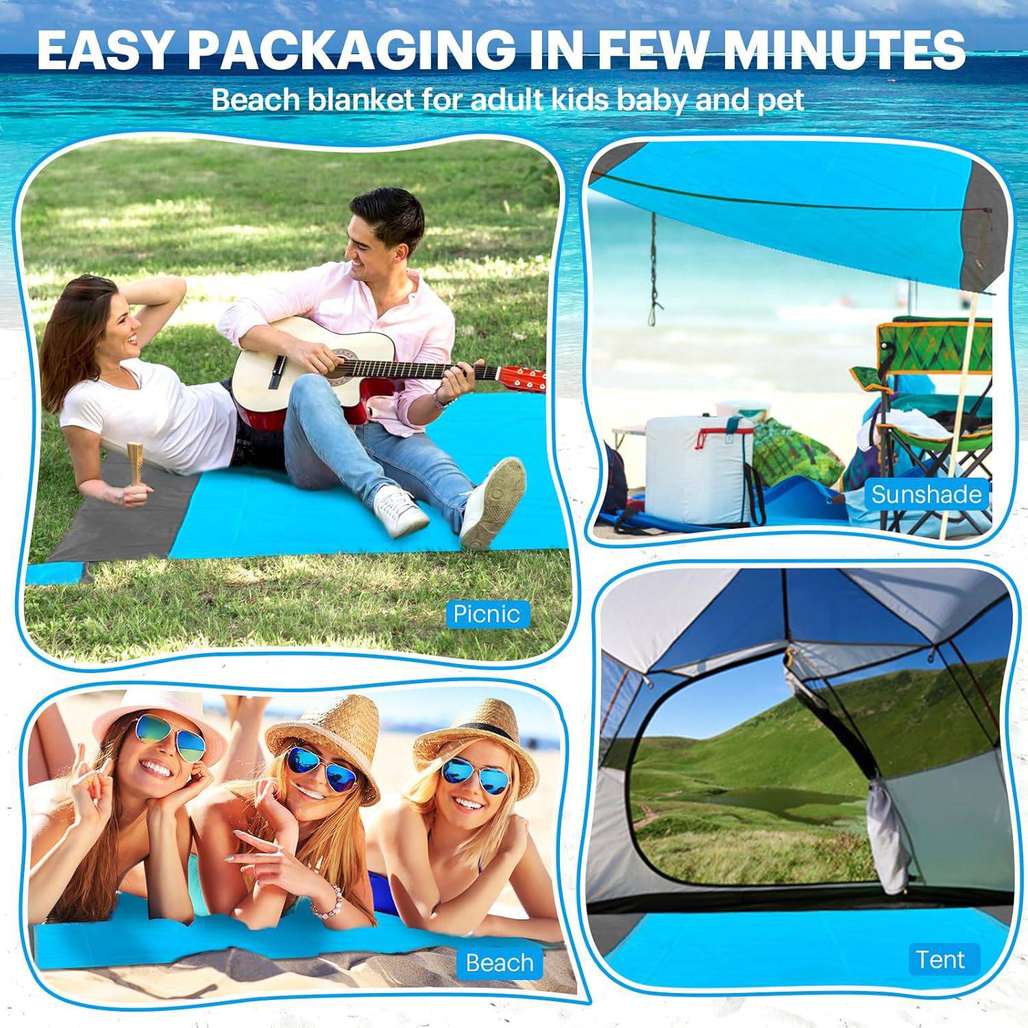 Foldable Waterproof Sandproof Beach Mat w/ 4 Stakes 8