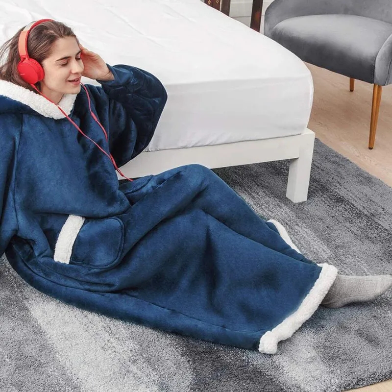 Winter Long Wearable Fleece Hooded Blanket With Pocket 4