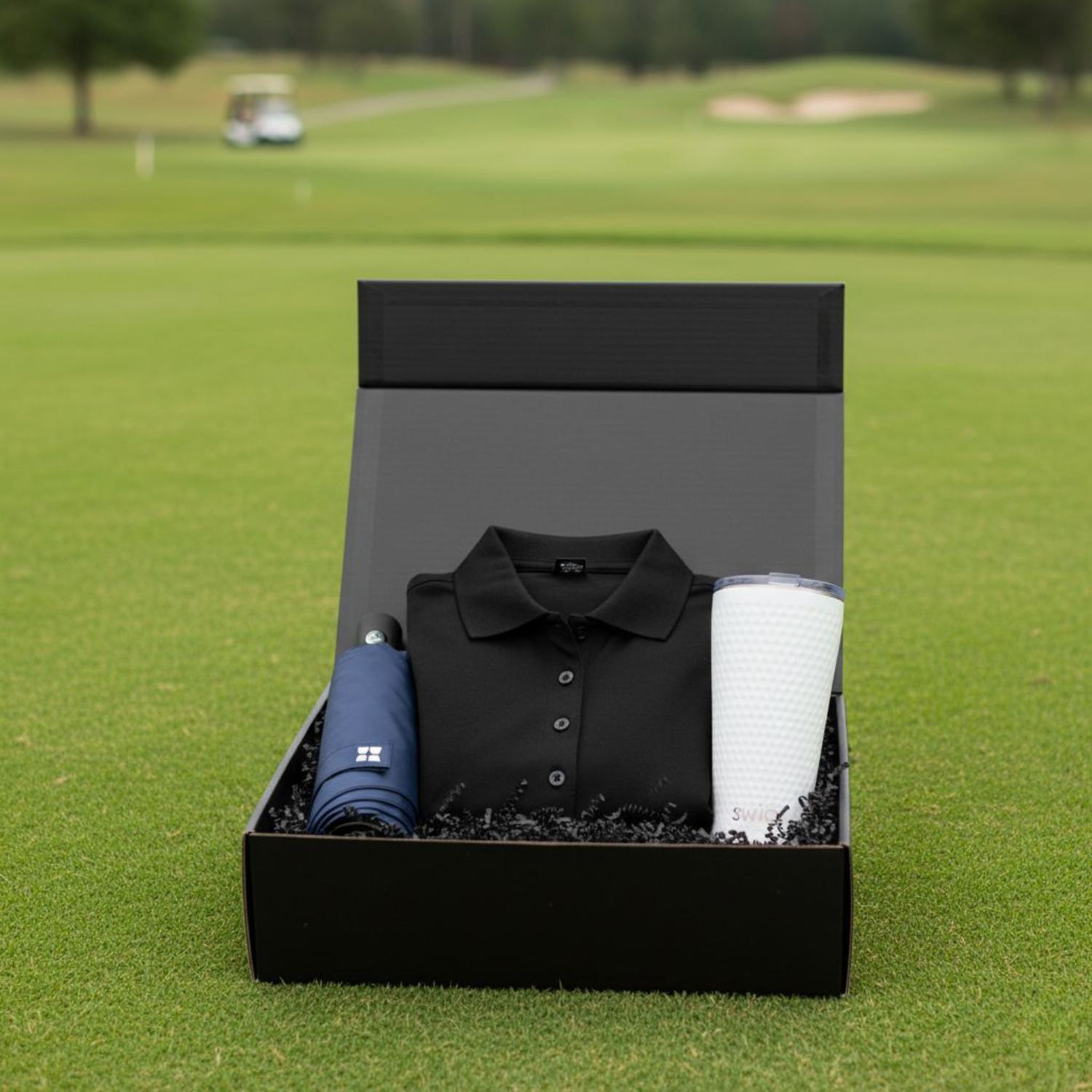 24 oz SWIG® Golf Cup SS Tumbler, Callaway® Golf Polo Shirt & Weatherman® Umbrella Gift Set 1