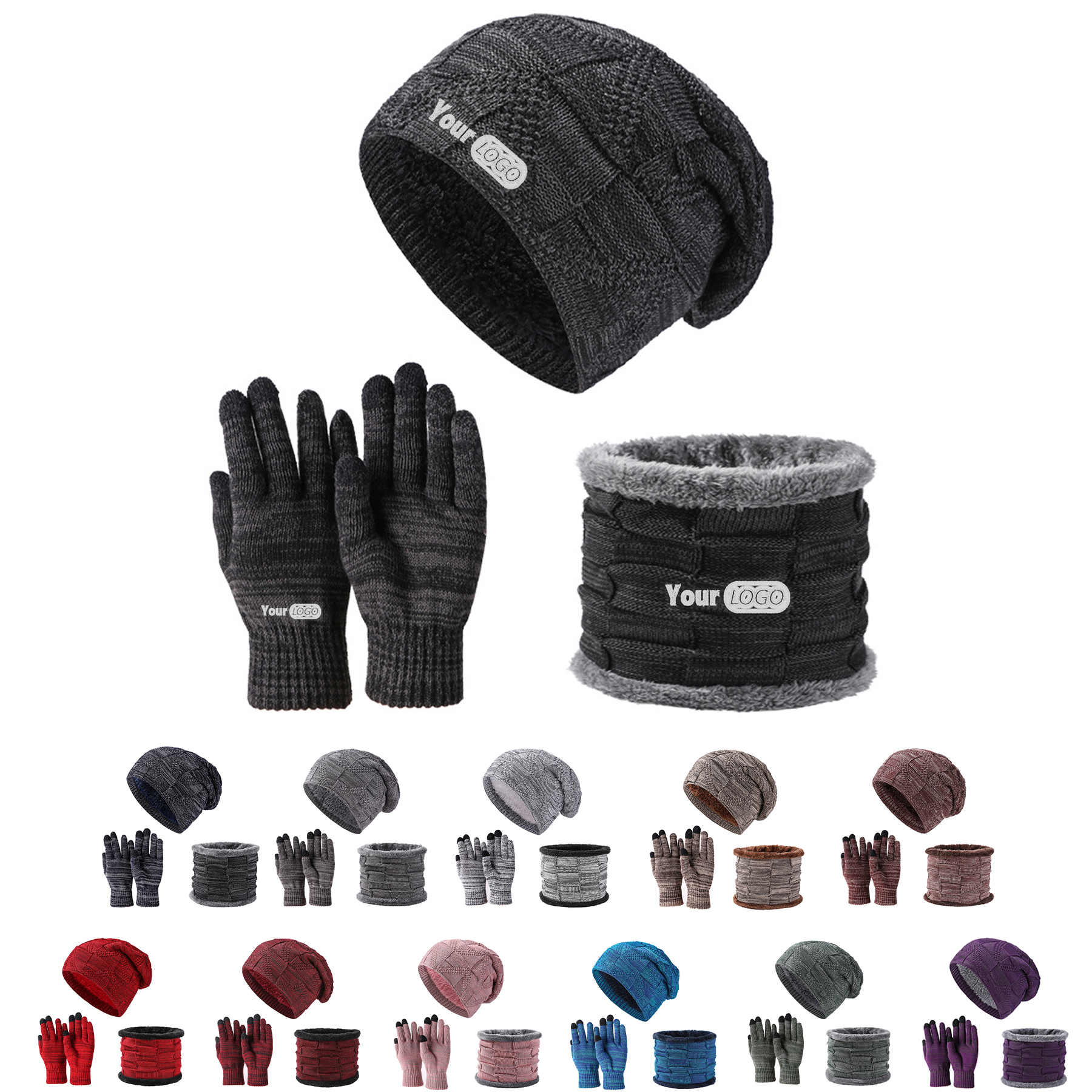 Winter Beanie Hat Scarf and Touch Screen Gloves Set 7