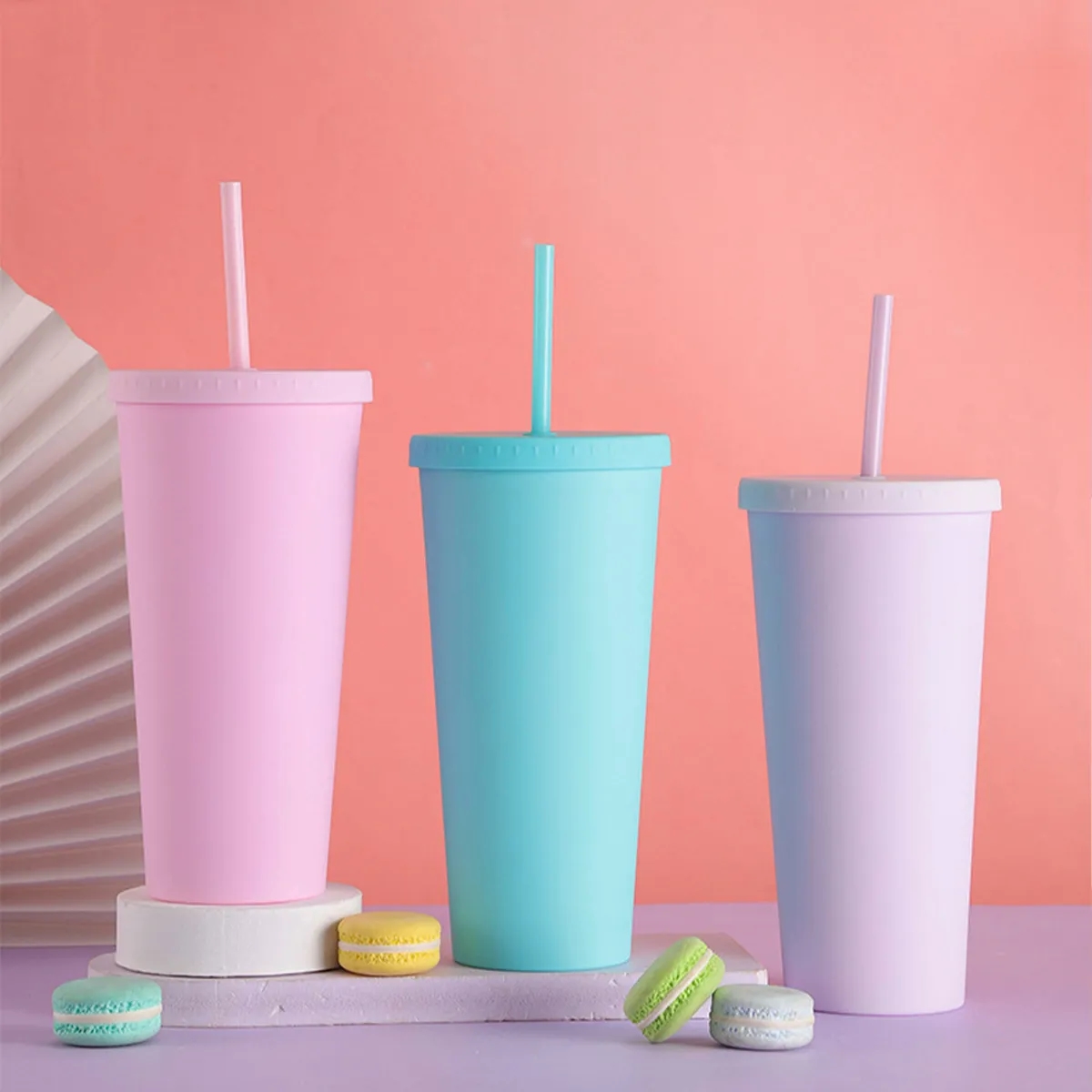 24OZ Candy Color Double-Layer Plastic Straw Cup with Lid 3