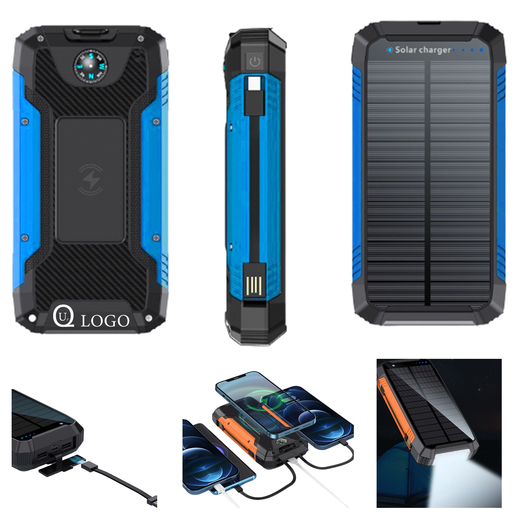 20000Mah Wireless Charging Solar Power Bank Flashlight