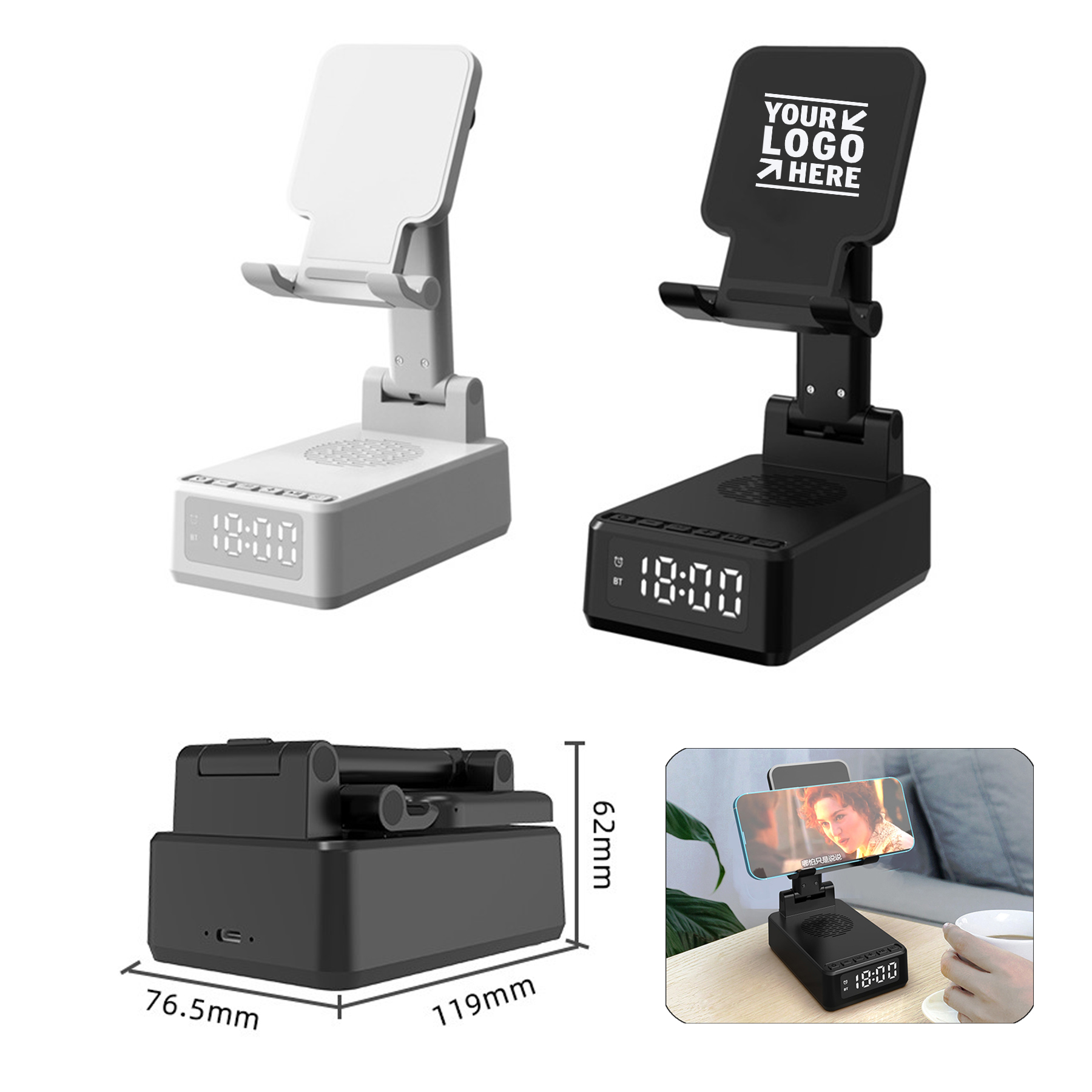 3 in 1 Loud Alarm Clock Cell Phone Stand TF Card Reader 12H Display Wireless Bluetooth Speaker 2
