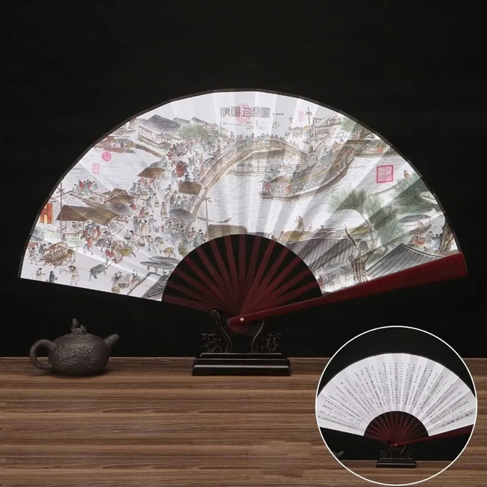 XL Traditional Bamboo Hand Fan - Premium Silky Fabric 4