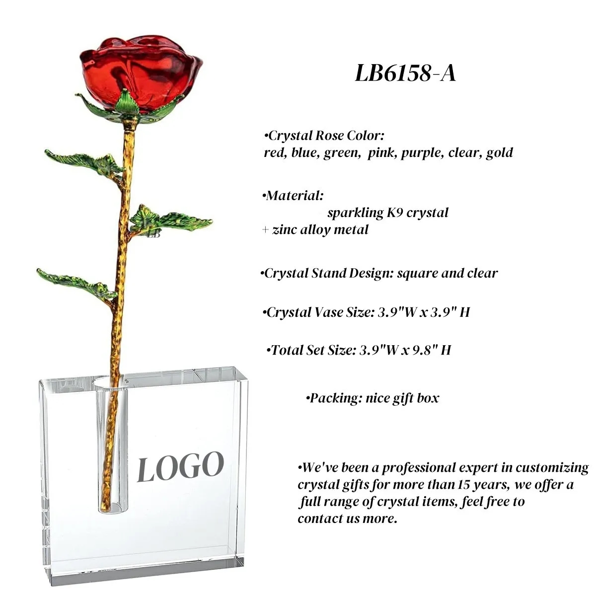Long Stem Crystal Rose with Vase Romantic Gifts for Her 3