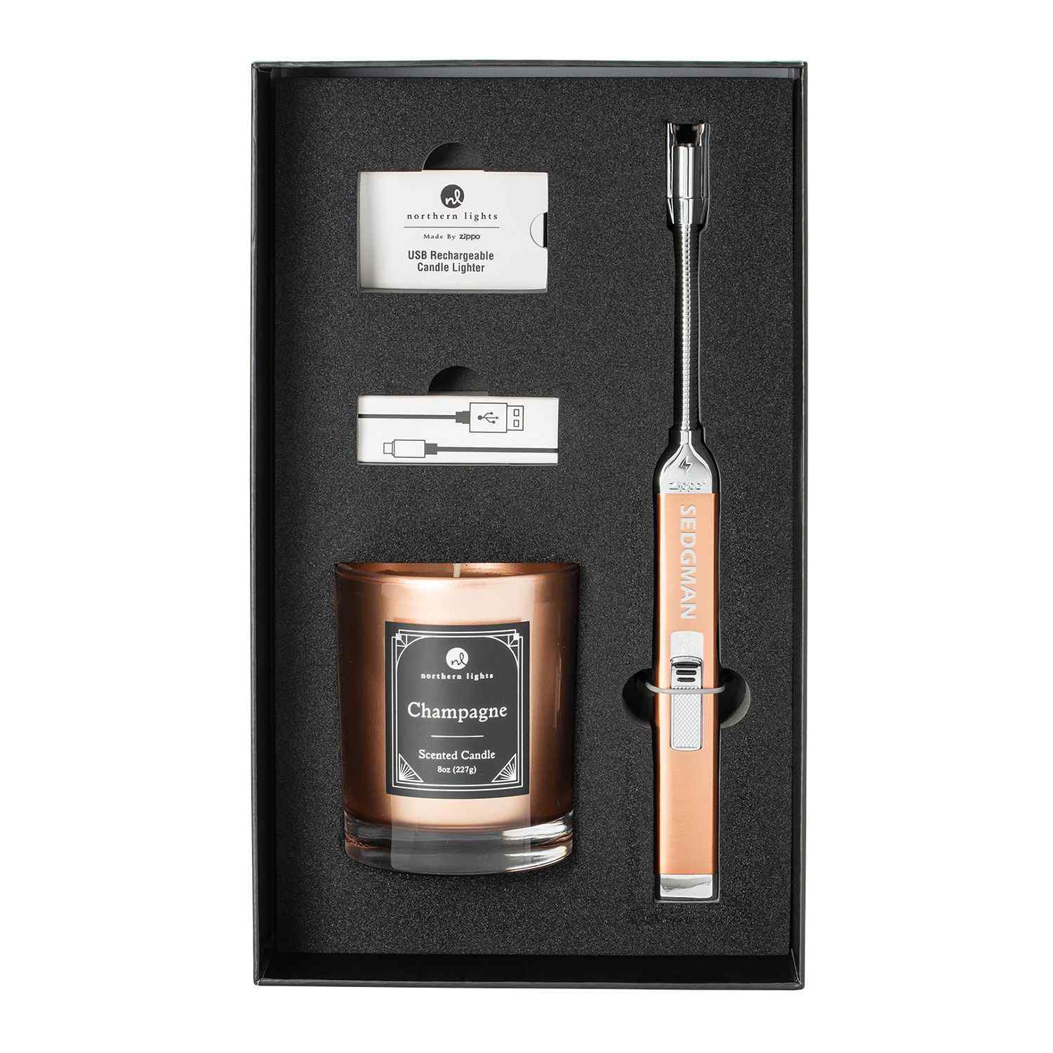 Rose Gold Rechargeable Candle Lighter & 8 oz Champagne Candle Gift Set