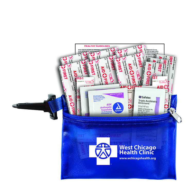 "TROUTDALE PLUS" 14 Piece First Aid Kit in Translucent Zipper Kit with Plastic Carabiner Attachment 20