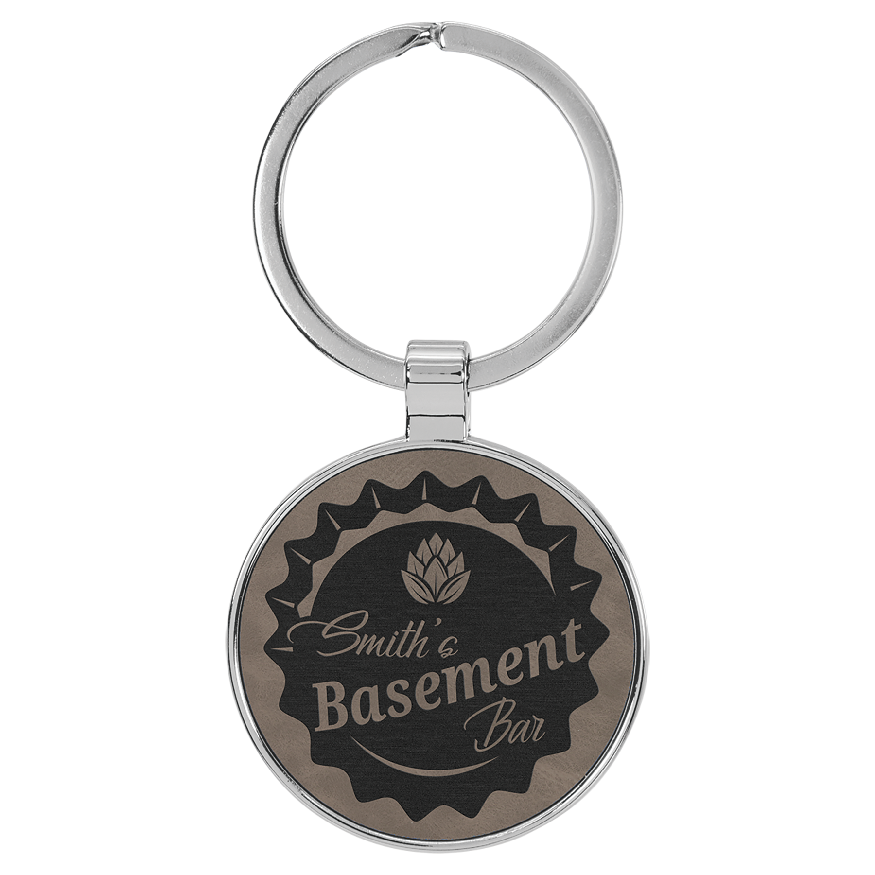 1 1/2" Leatherette/Metal Gray Round Keychain 1