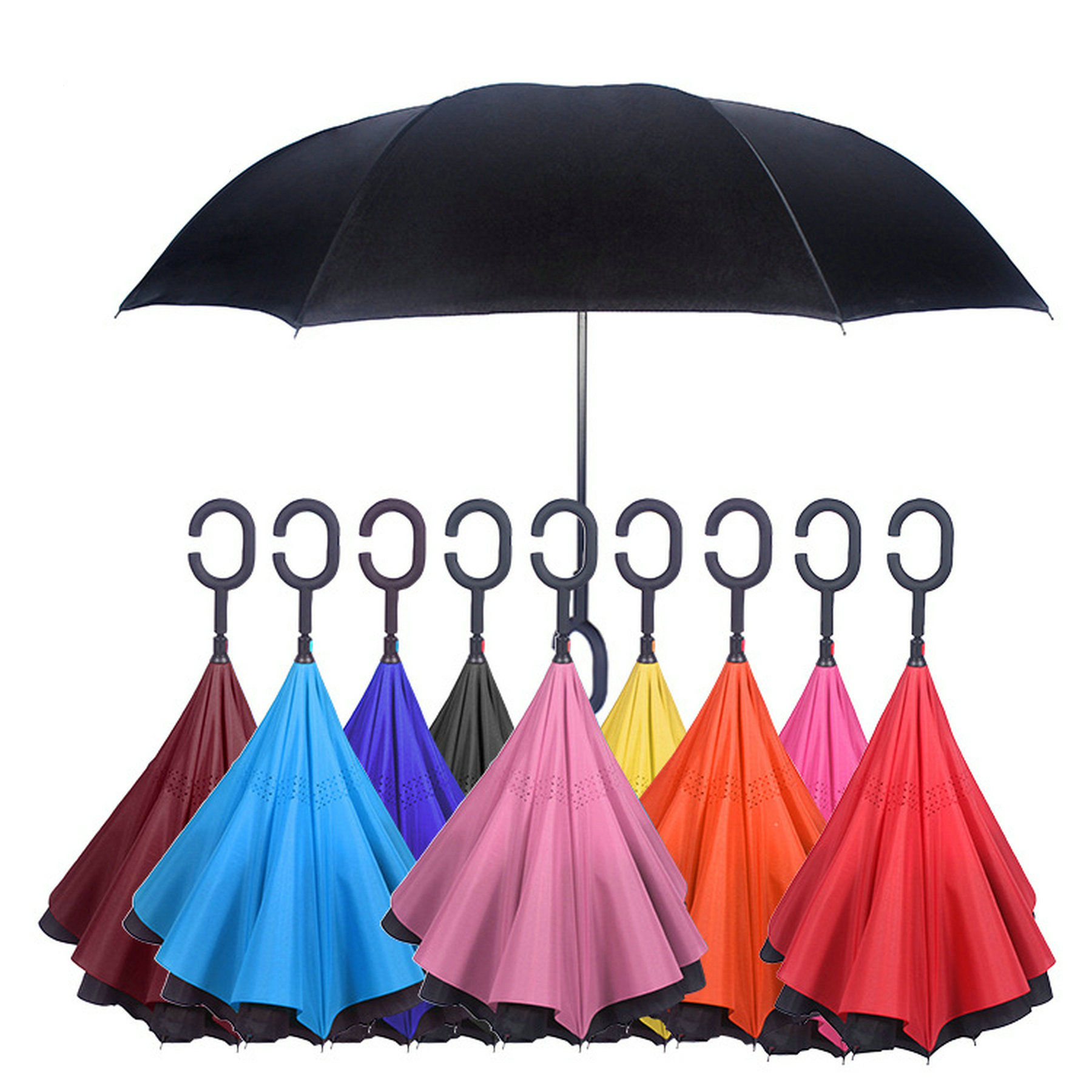Solid Color C-Shaped Handle Inverted Windproof Umbrella Double Layer for Women & Men 1