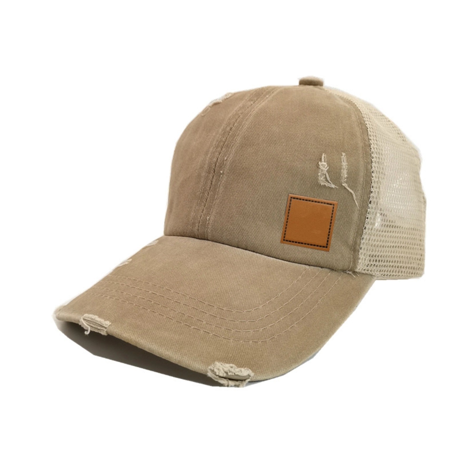 Leather Patch Distressed Ponytail Trucker Cap 12