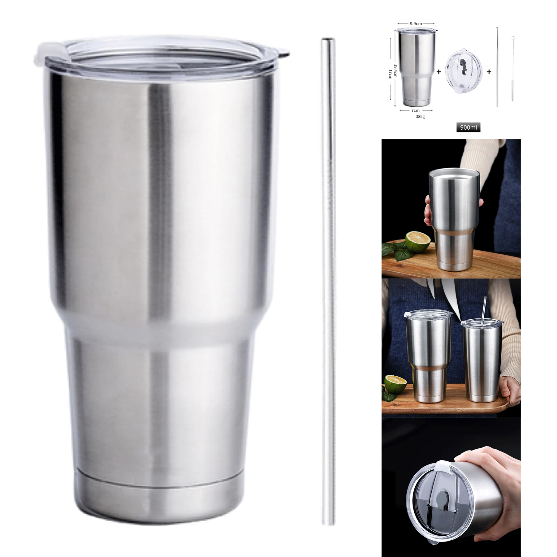 Double Layers Car Thermos Cup with Lid and Drinking Straw 2