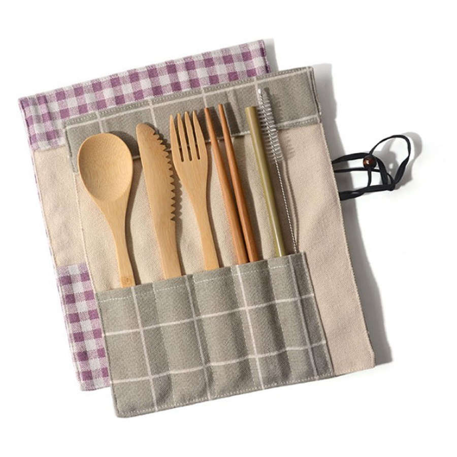 6pcs Eco-Friendly Bamboo Cutlery Set with Pouch 12