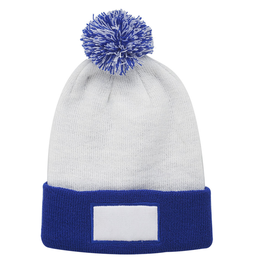 Cuffed Two-Tone Pompom Knit Hat with Patch
