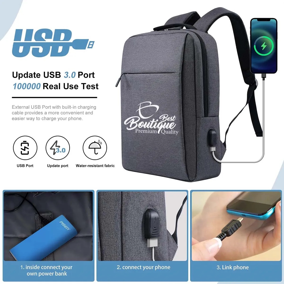 Function Water Resistant USB Charging Port Laptop Backpack 6