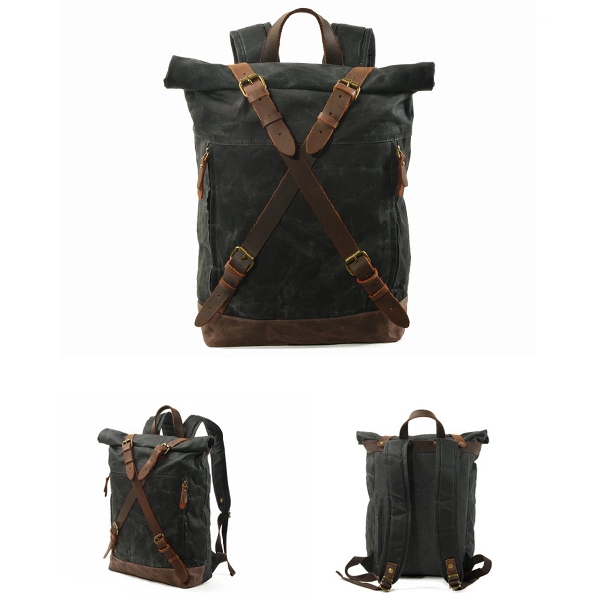 Vintage Waxed Canvas Cowhide Backpack 3