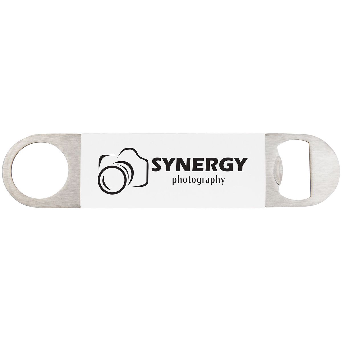 1 1/2" x 7" White/Black Bottle Opener with Silicone Grip 2