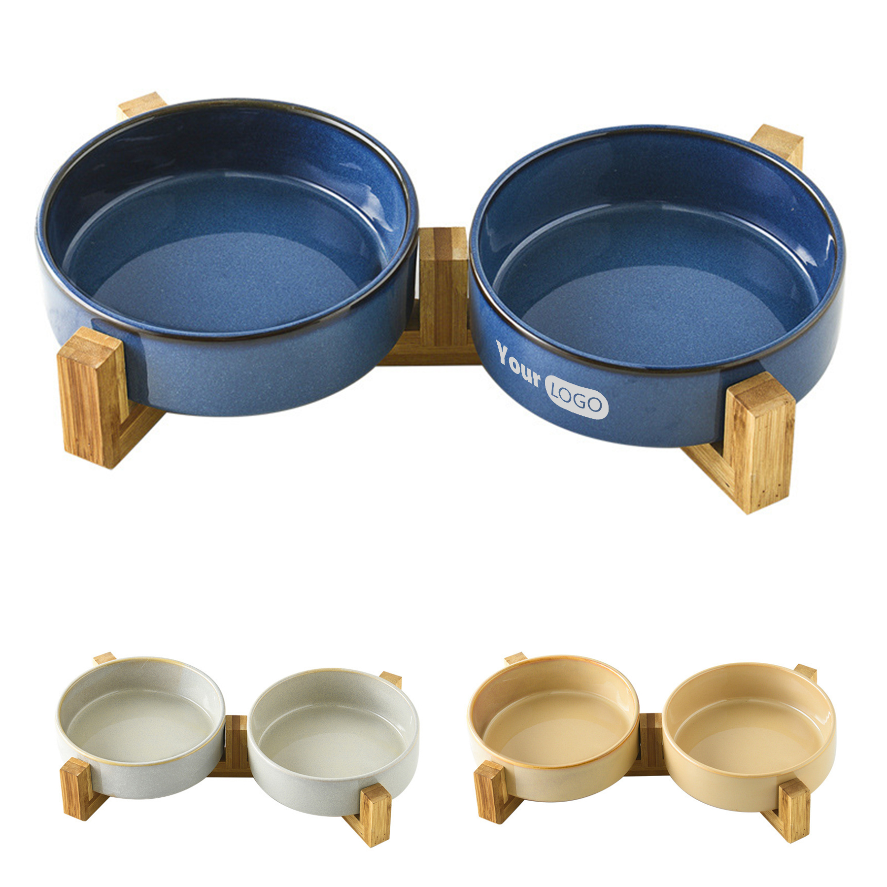 Ceramic Pet Drinking Double Bowls With Wooden Frame 1