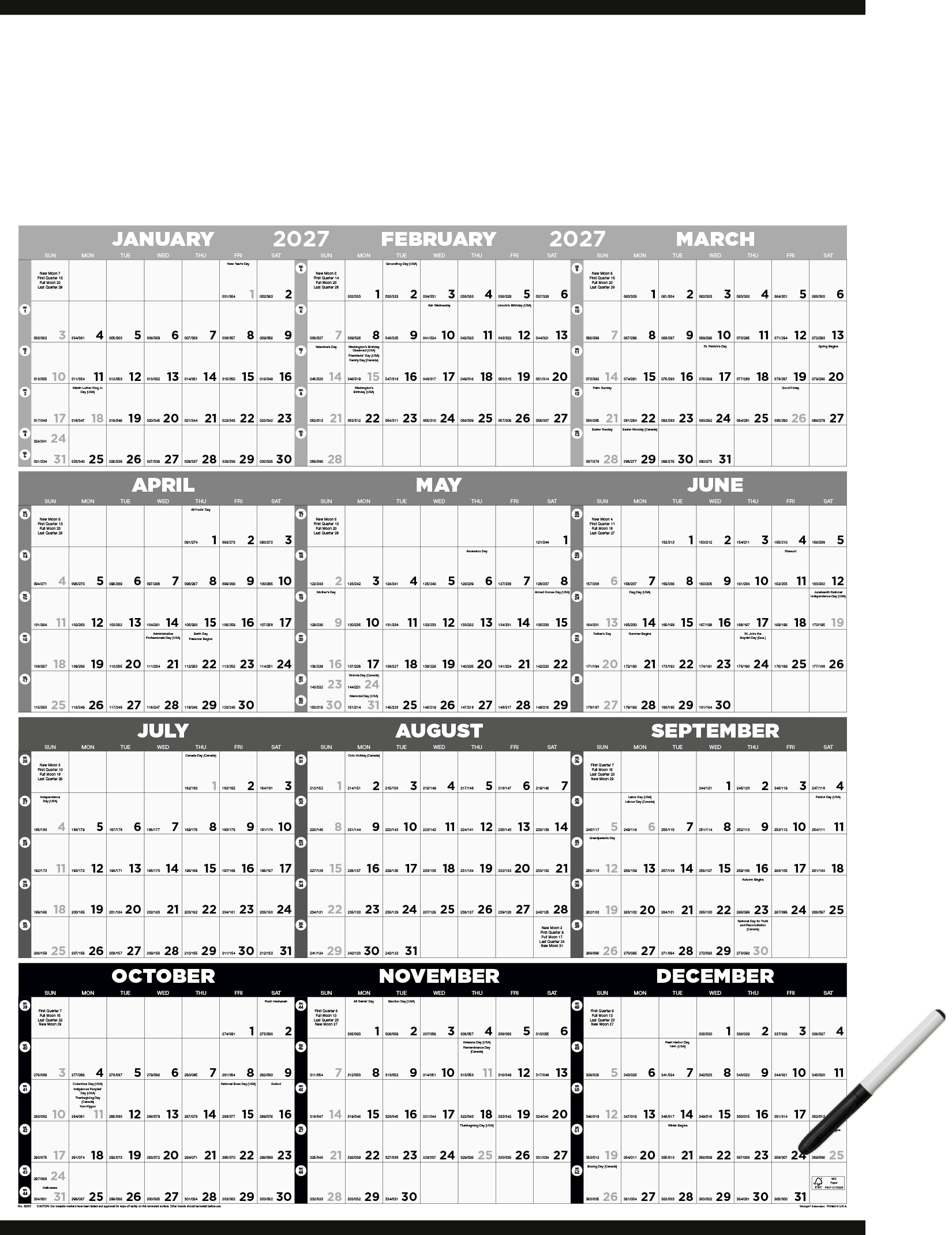 Triumph® Calendars Black & White Time Management Span-A-Year Laminated w/Marker Calendar 11