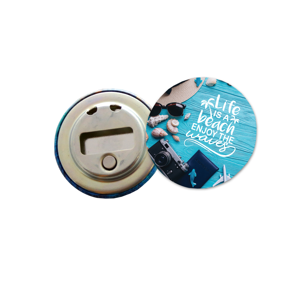 USA Made Round Celluloid Full Color Magnetic Button with Bottle Opener (2.25")