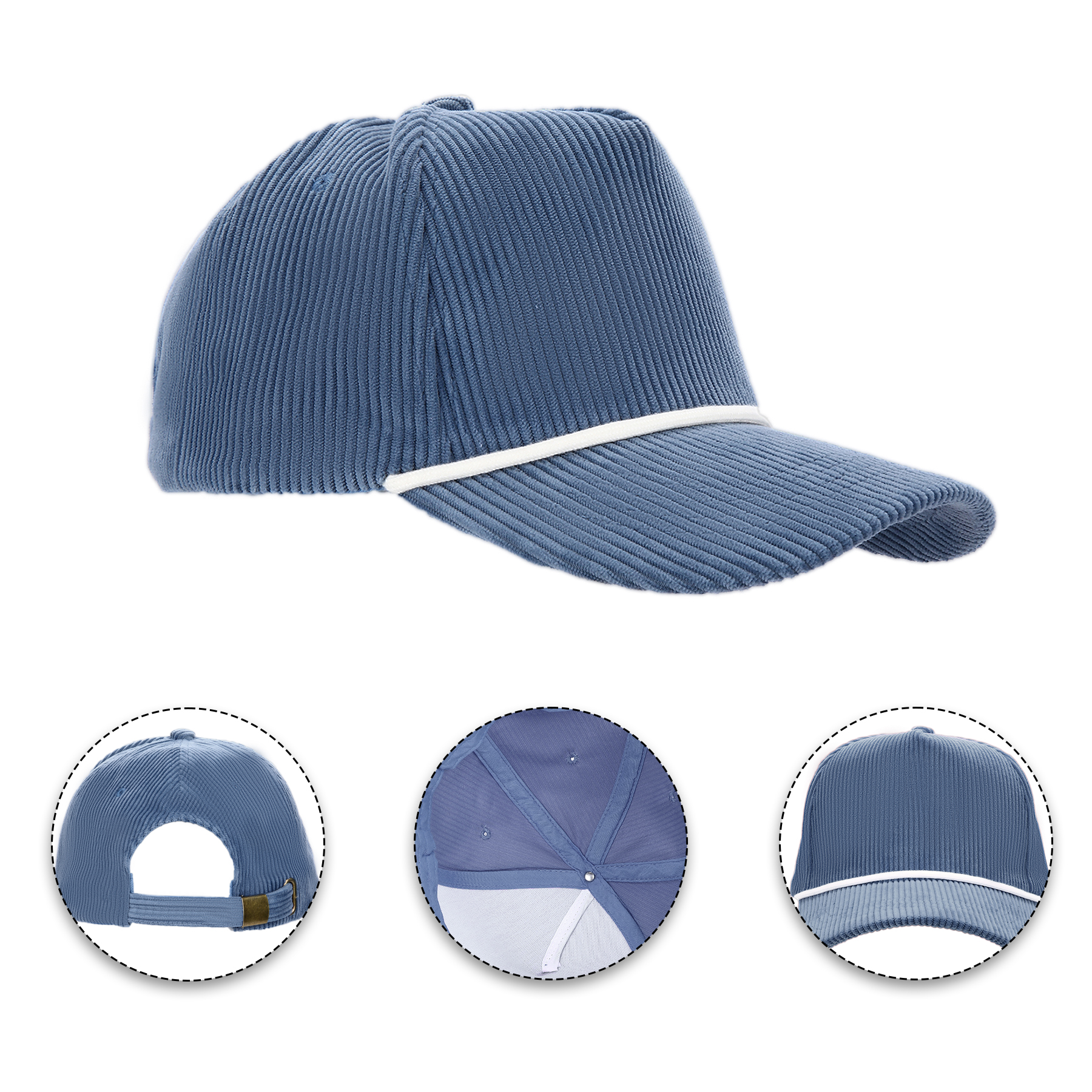 5 Panel Corduroy Sports Cap With Rope Visor And Adjustable Brass Buckle 5