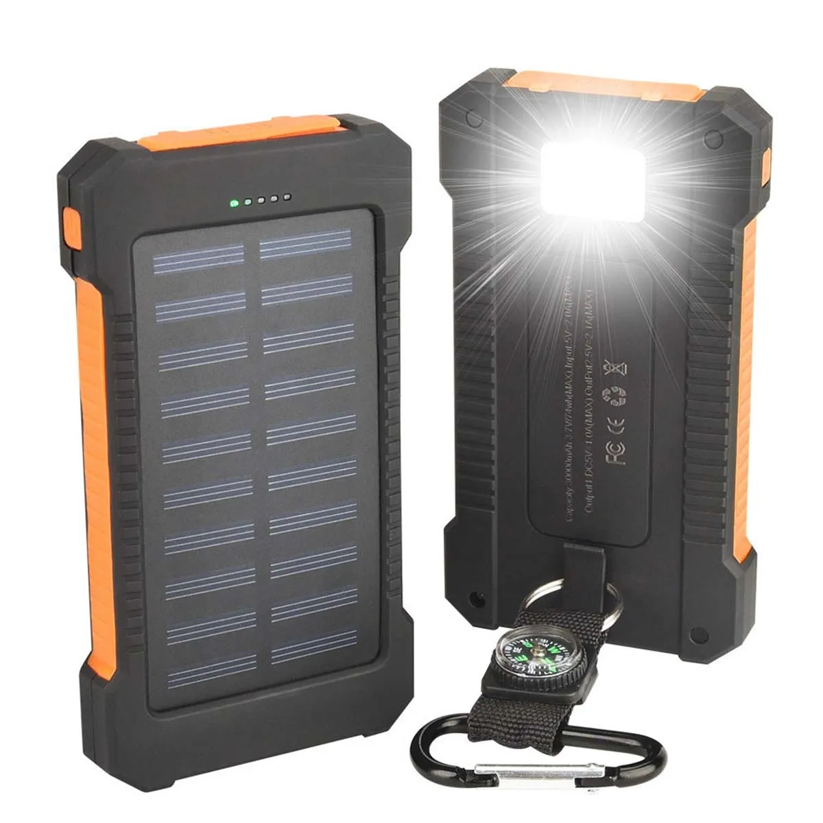 10,000-mAh Solar Power Bank W/ Flashlight compass Carabiner 1