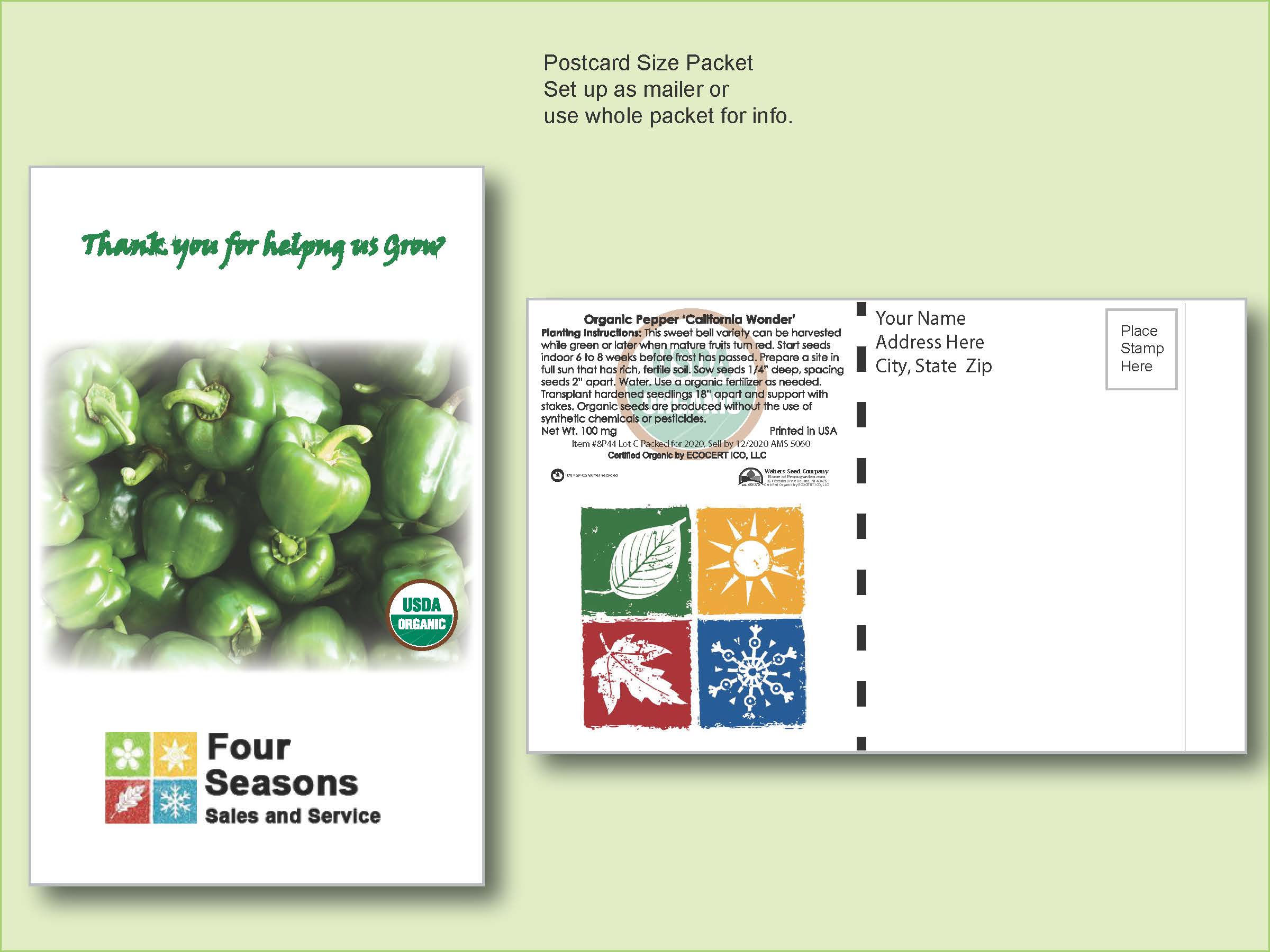 Organic Pepper California Wonder Seed Packet - Postcard Mailer Size 4" x 6.5" 1