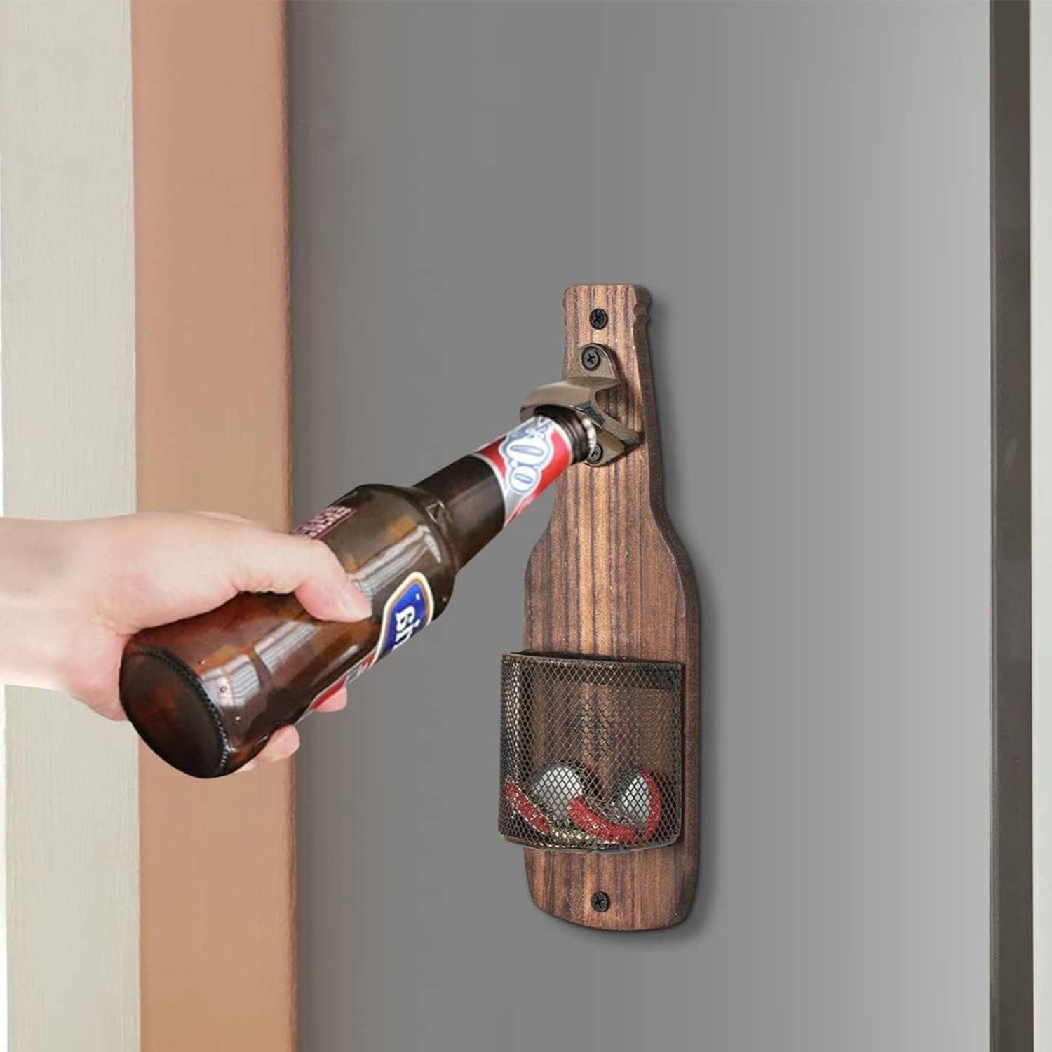 Wooden Bottle Opener Wall Mounted W/ Cap Catcher 4