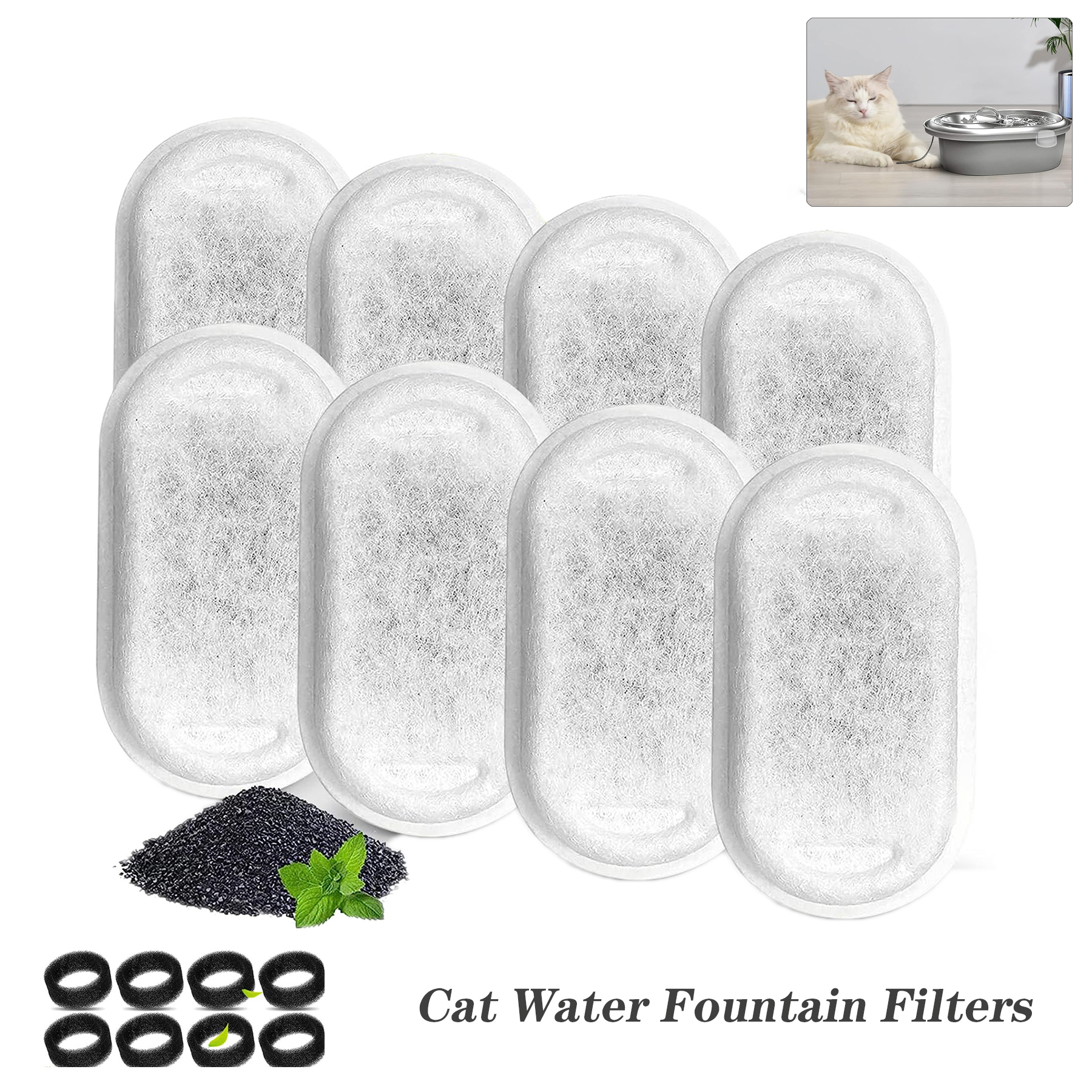 16 Pcs Replacement Pet Cat Water Fountain Filters with 8 Sponges 2