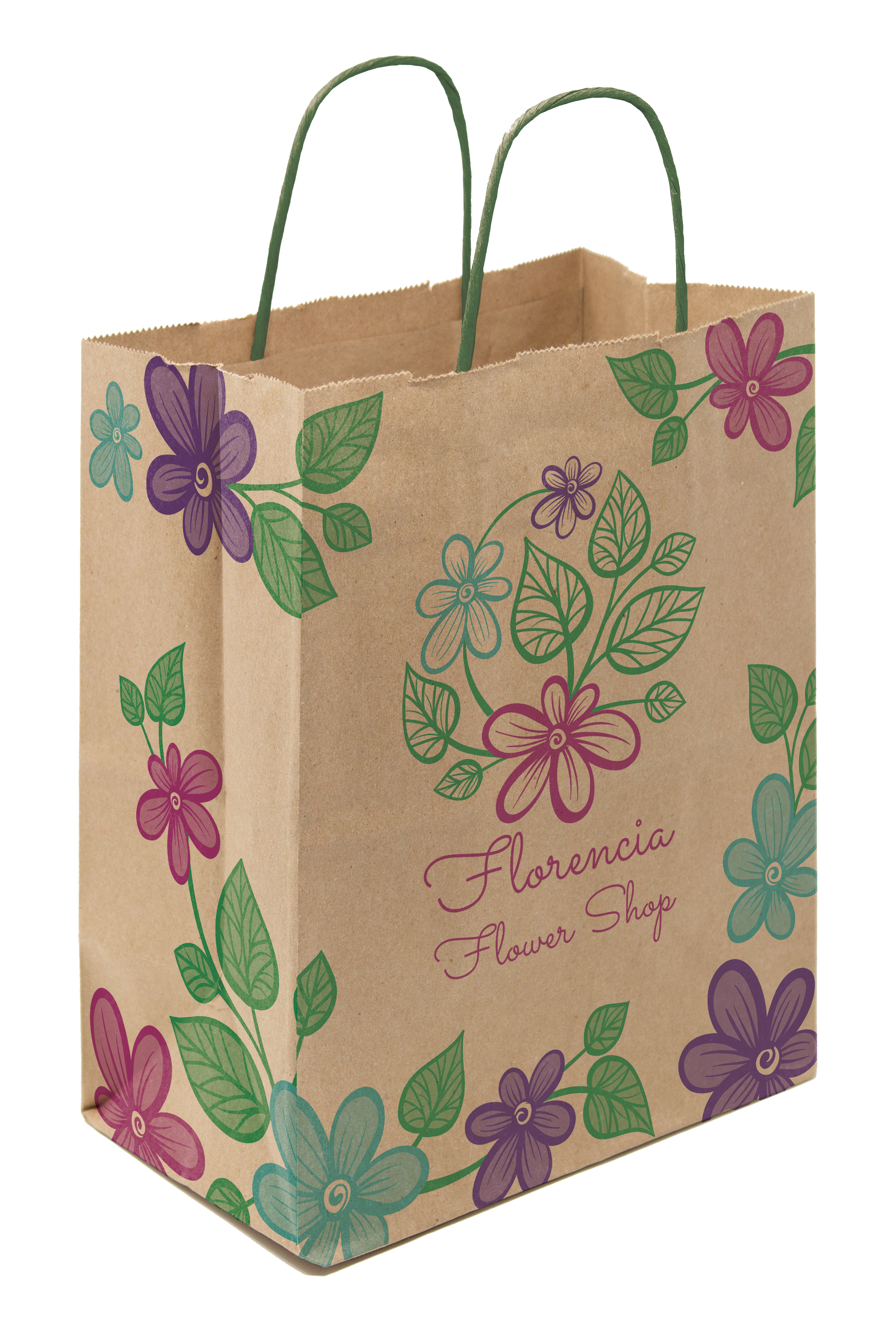 Multi-Sided Full Color Natural Shopper Paper Bag - Green Handle (8.25 x 10.25 x 5)