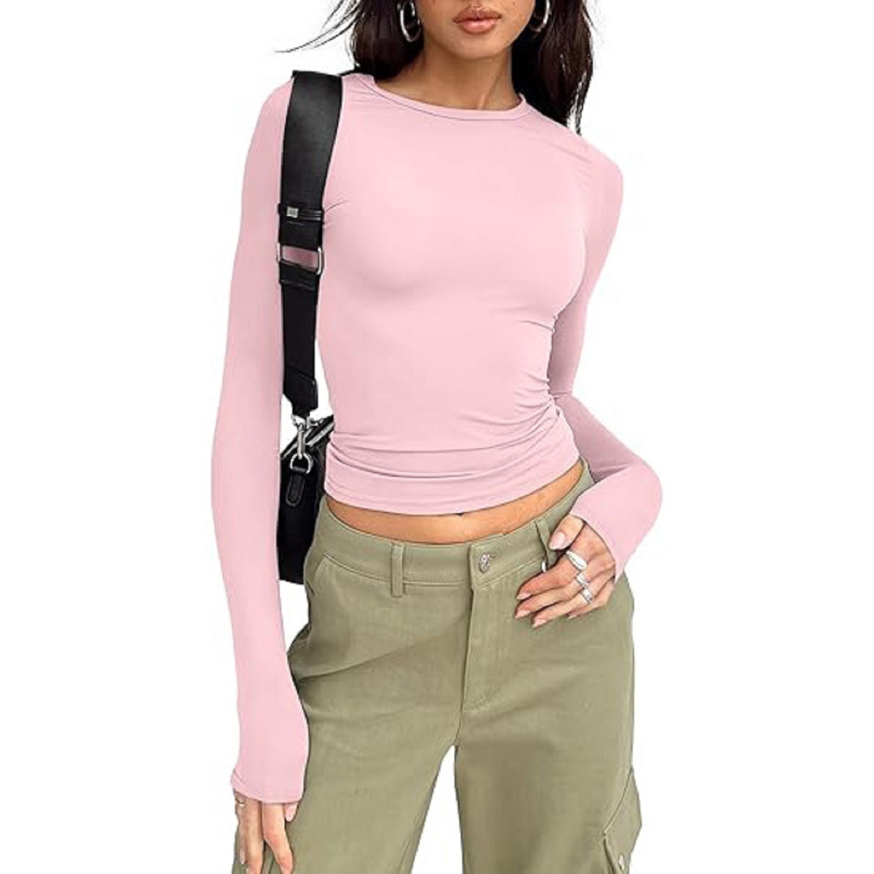 Women's Long Sleeved Shirt Basic Crop Top Tight Fit 3