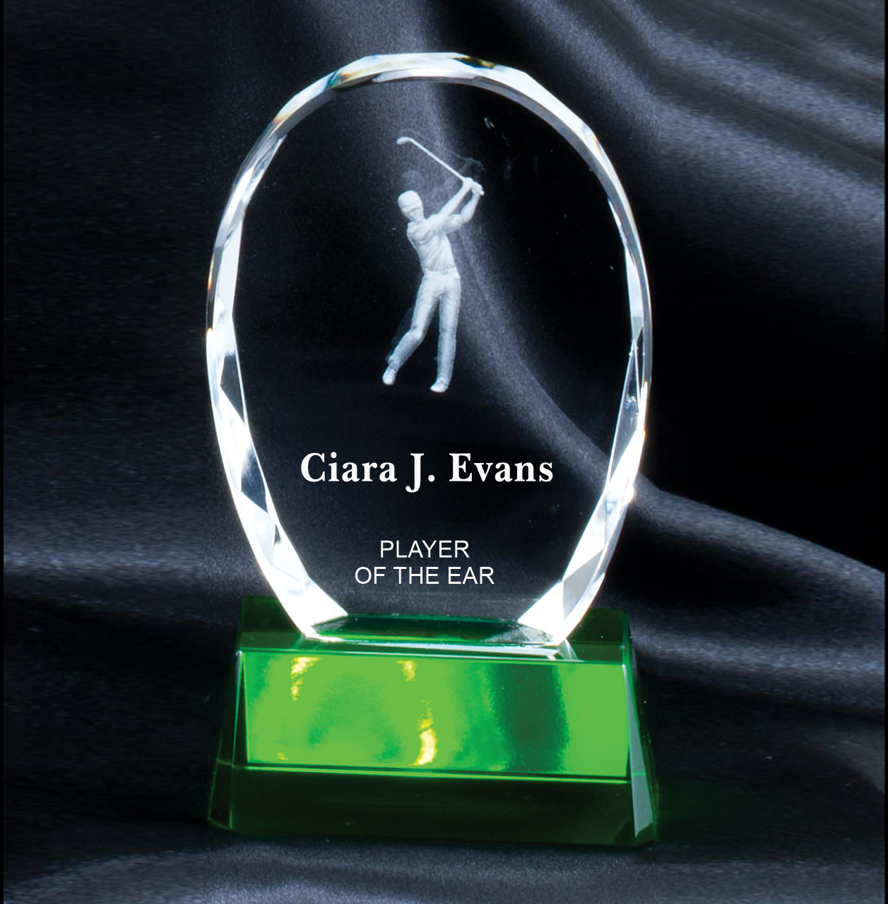 Optical Crystal Arch With 3-D Golfer On Green Glass Base 2