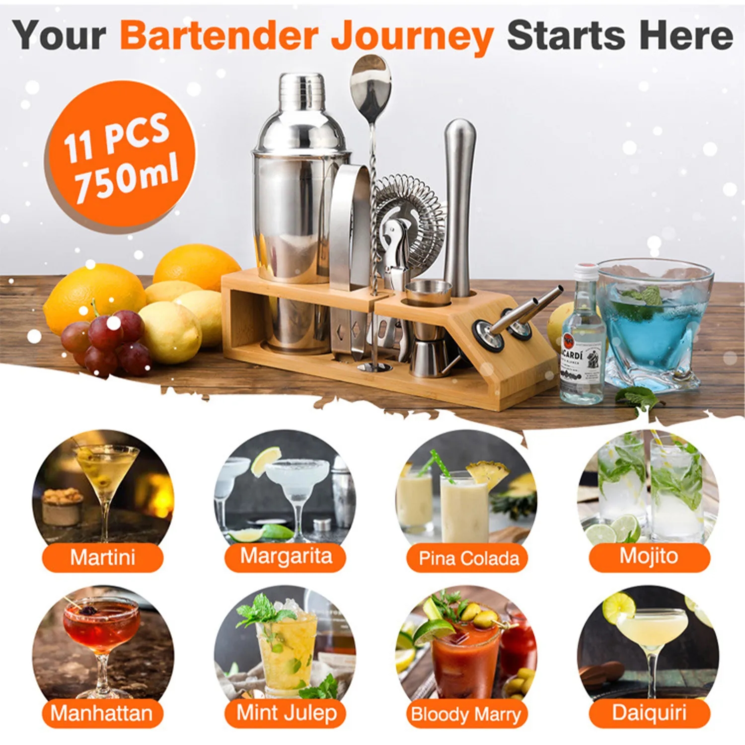 11 pcs Bartender Set Drink Cocktail Shakers wt Bamboo Stand 3