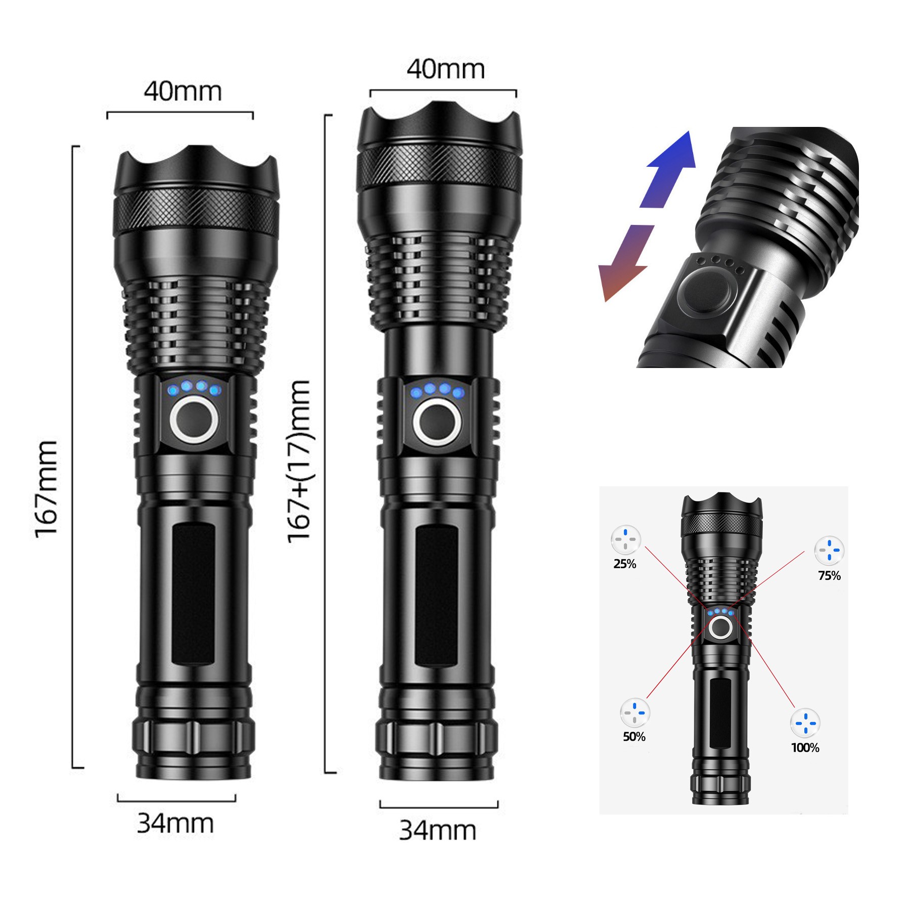 Flashlight Rechargeable Zoomable Adjustable Brightness 2