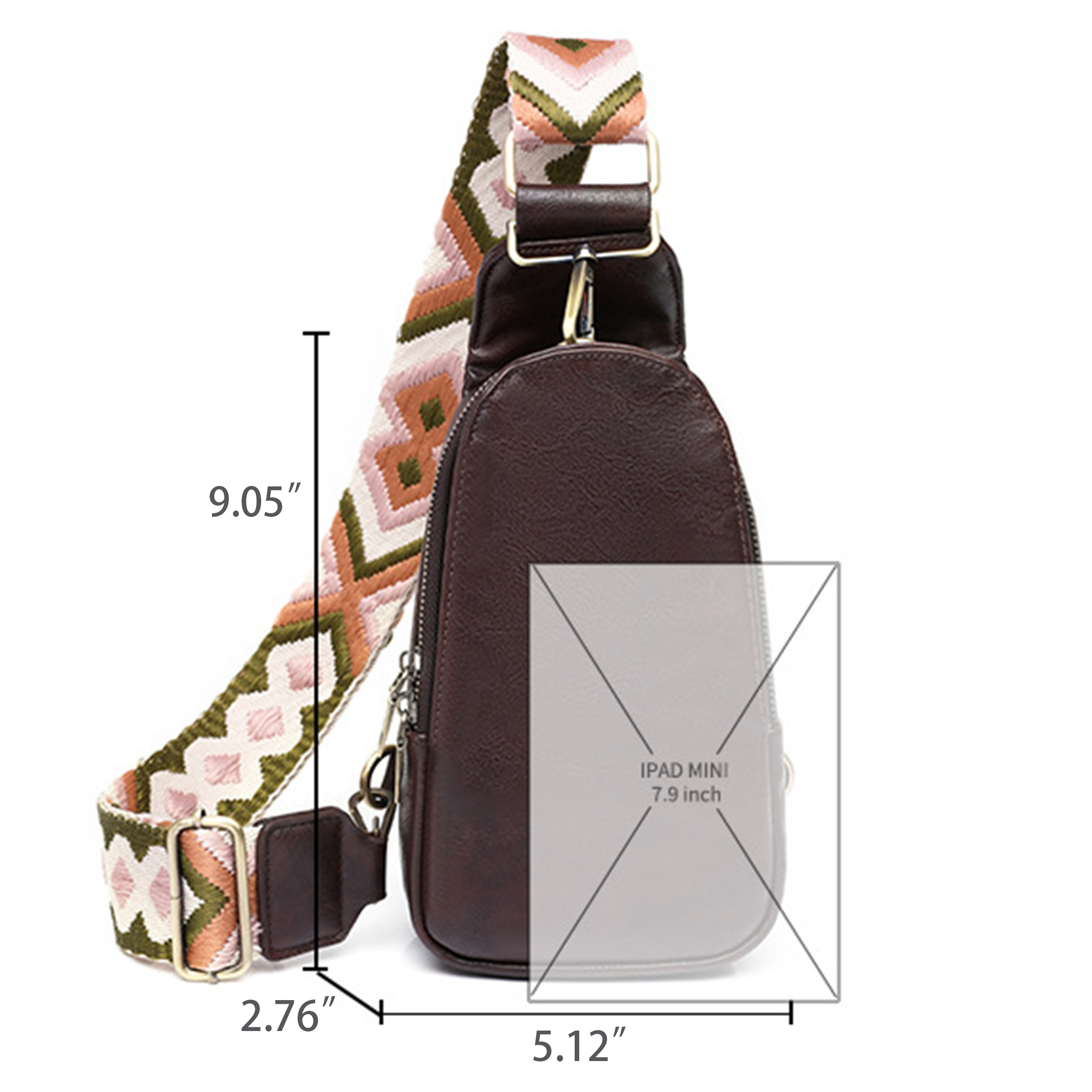 Pu Compact Sling Bag With Adjustable Boho-Pattern Strap 4