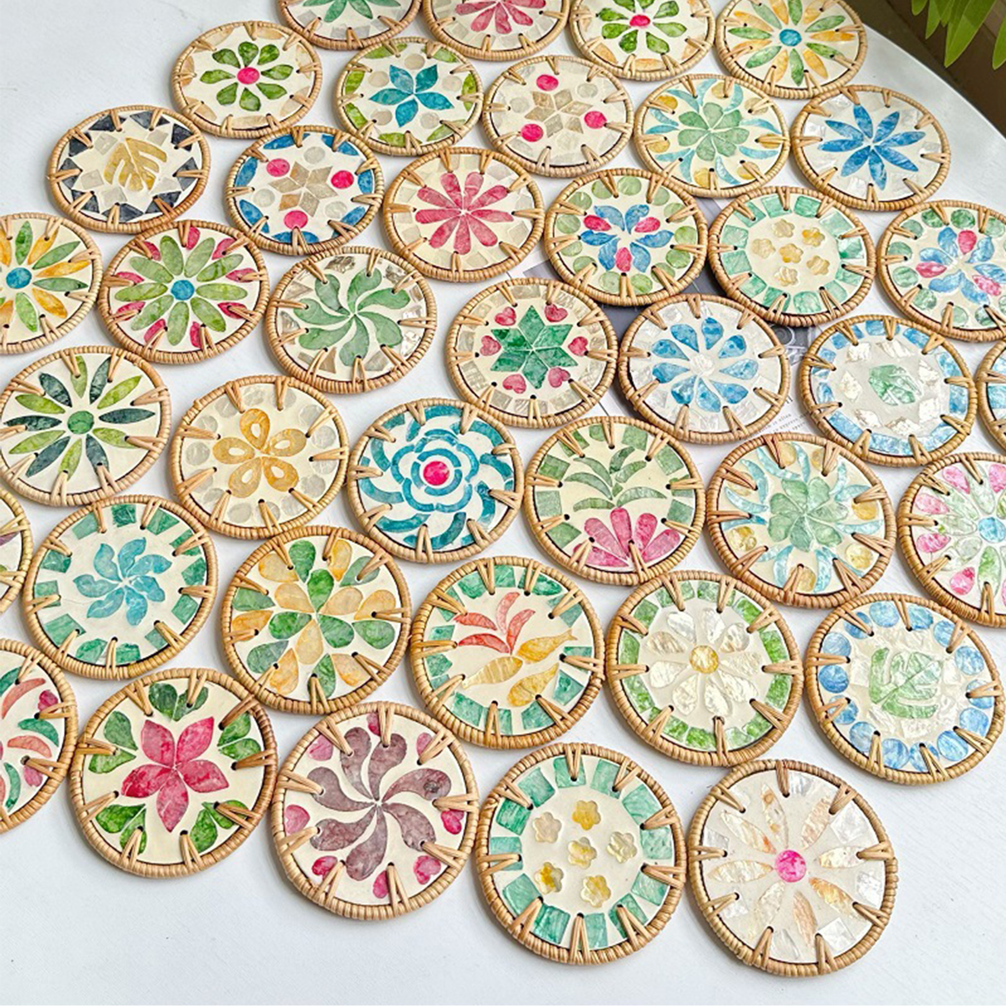 Handcrafted Seashell Mosaic Rattan Coaster MOQ25 6