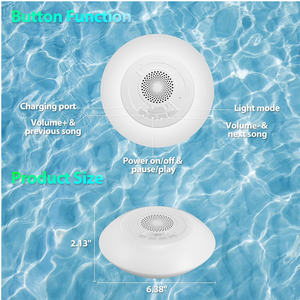 Waterproof Wireless Pool Speaker with 8 Light Modes (IPX7) 2