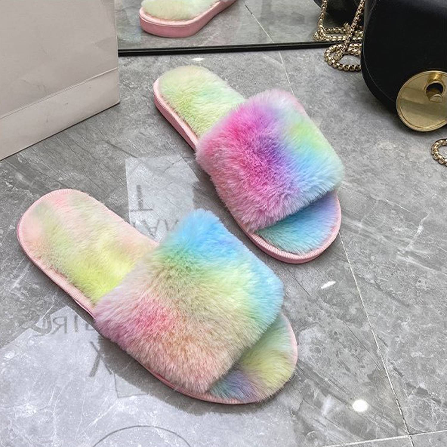 Soft Sole Anti-Slip Rainbow Plush Home Slippers 8