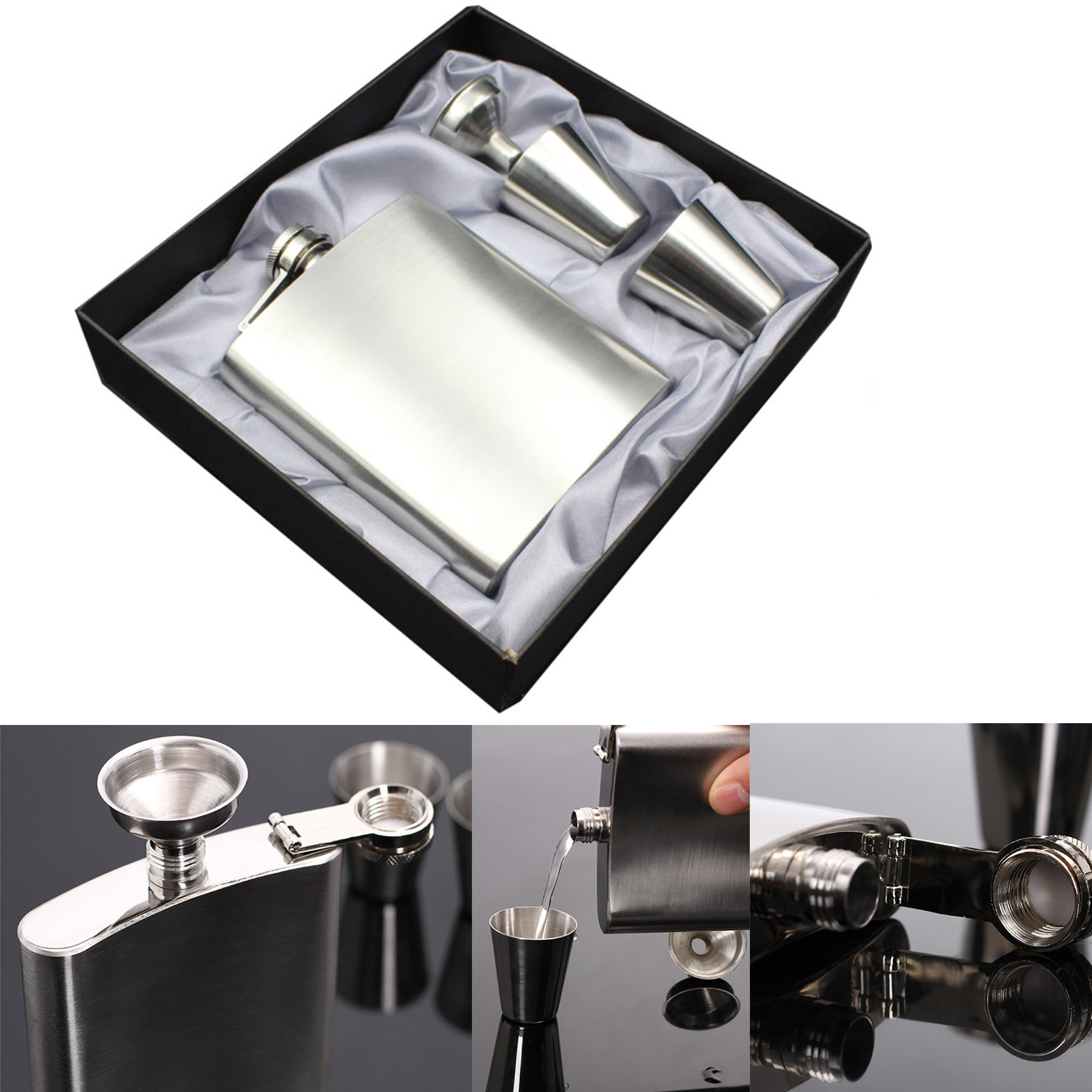 Hip Flask Set Silver 7 Oz Gift 100% Stainless Steel 2