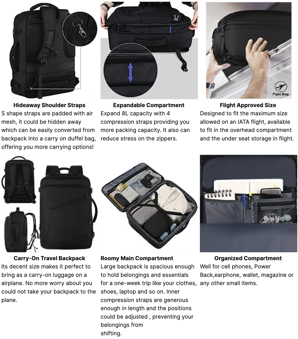Travel Carry On Backpack with USB Charging Port Shoe Pouch 1