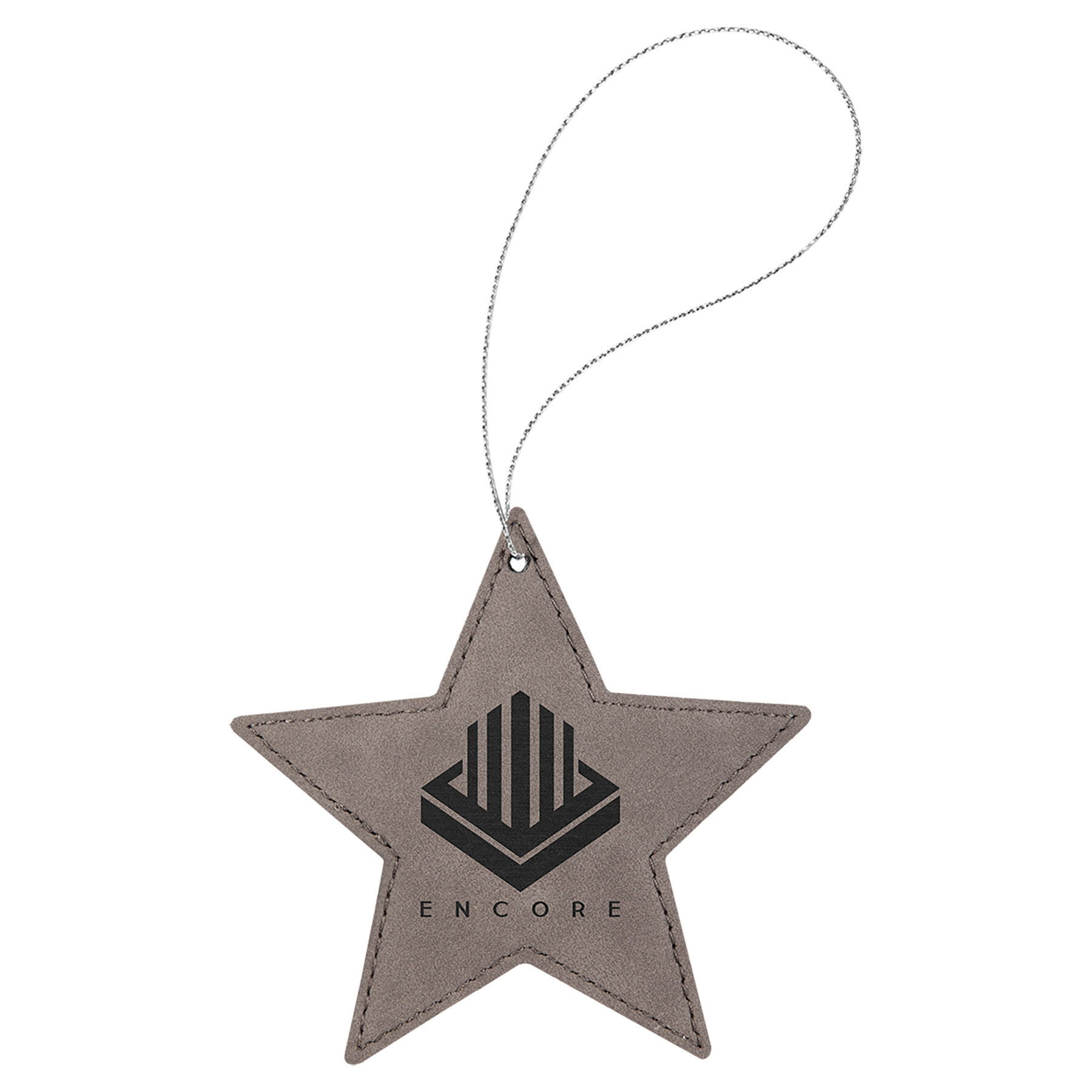 Gray Laserable Leatherette Star Ornament w/Silver String 1