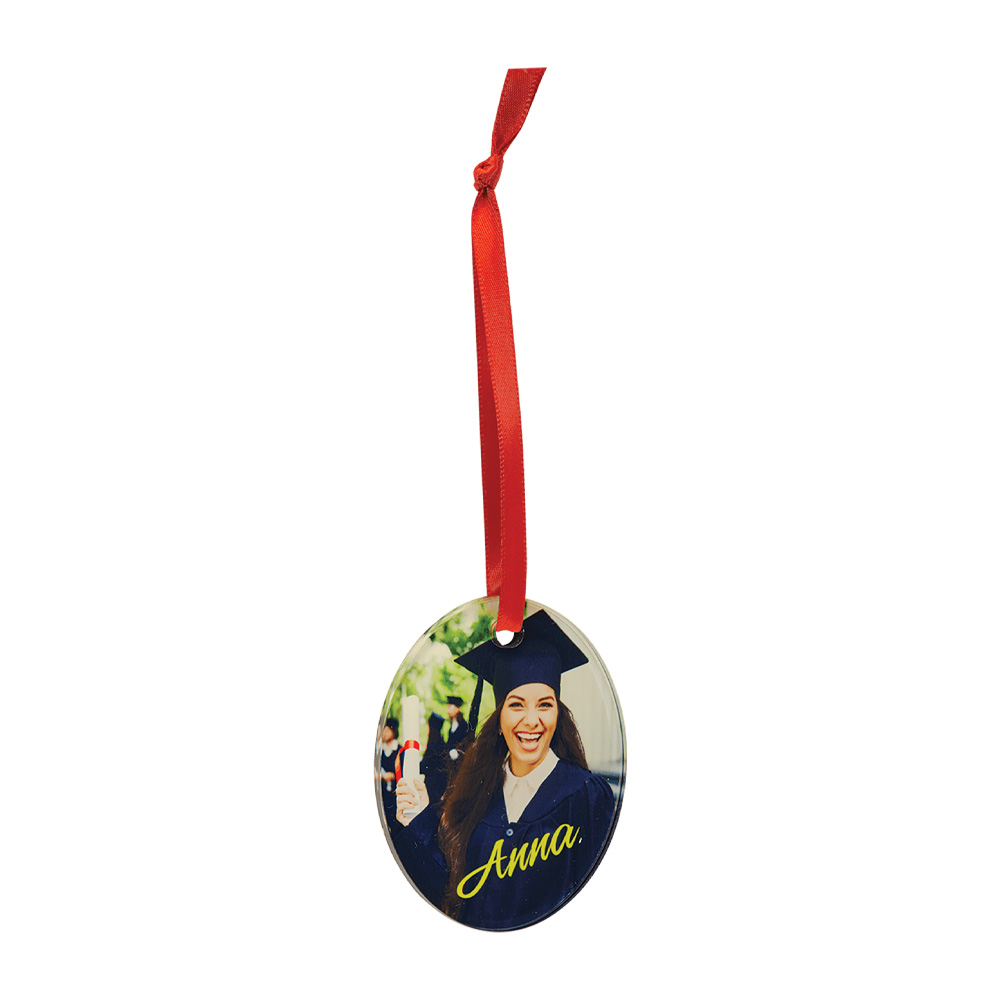 2 1/4" X 3" SUBLIMATED ACRYLIC ORNAMENT W/RED RIBBON 2