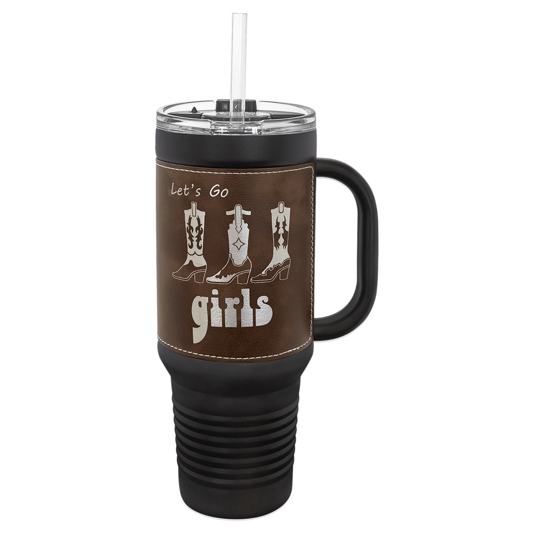Polar Camel 40 oz. Black with Rustic/Silver Laserable Leatherette Travel Mug with Handle, Straw Incl 1
